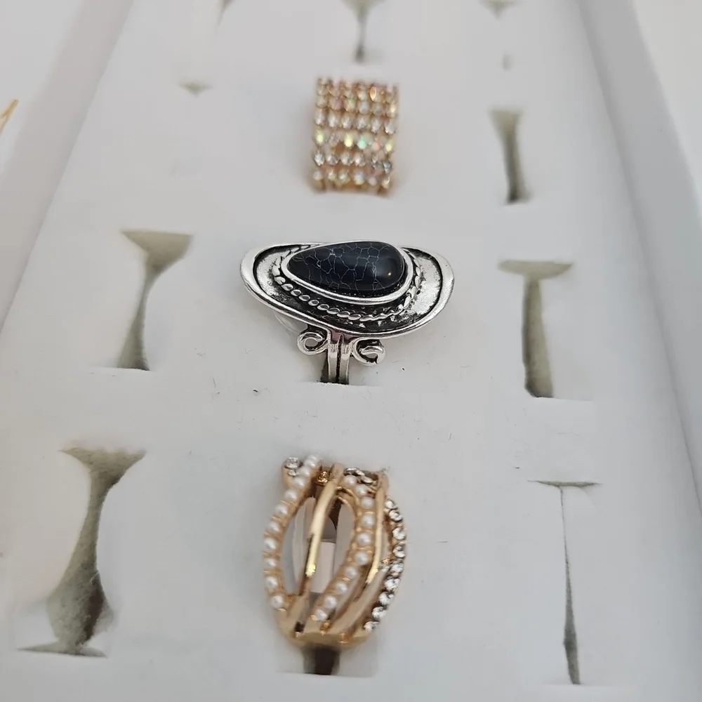3pc Ring Set Black Stone Silver Gold Rhinestone Pearl Casual Cocktail